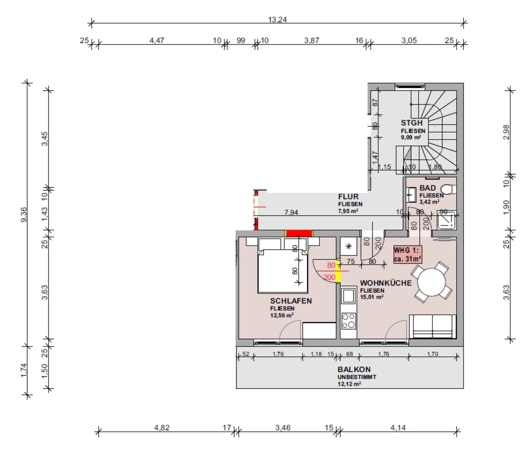 Floor plan of the Blue apartment Blaues Apartment Abmessungen