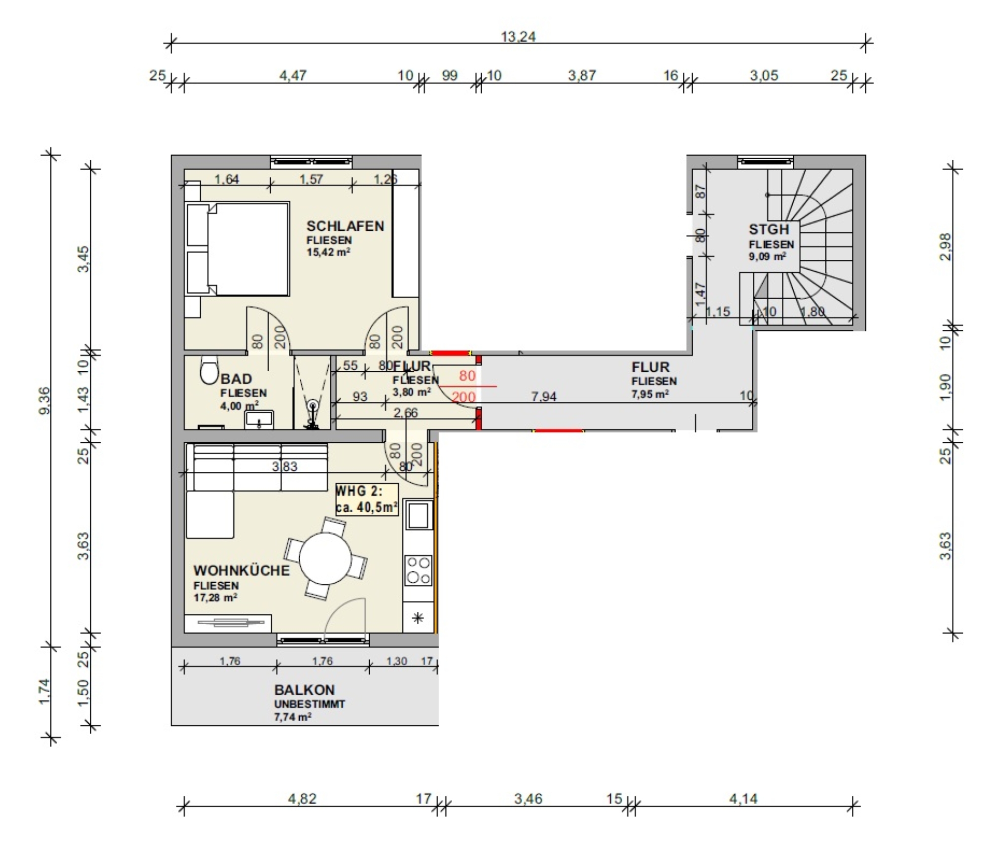 Bauplan vom Roten Apartment Abmessungen im Roten Apartment
